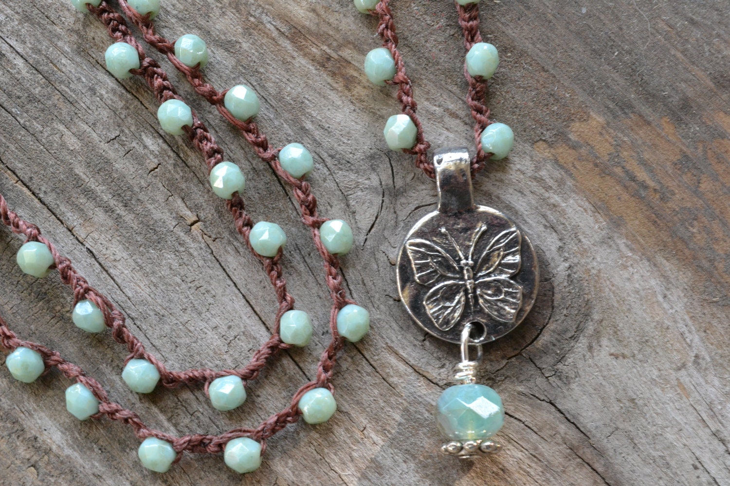 Butterfly crochet necklace "Dream" artisan pendant, aqua czech, butterfly, reversible, rustic boho