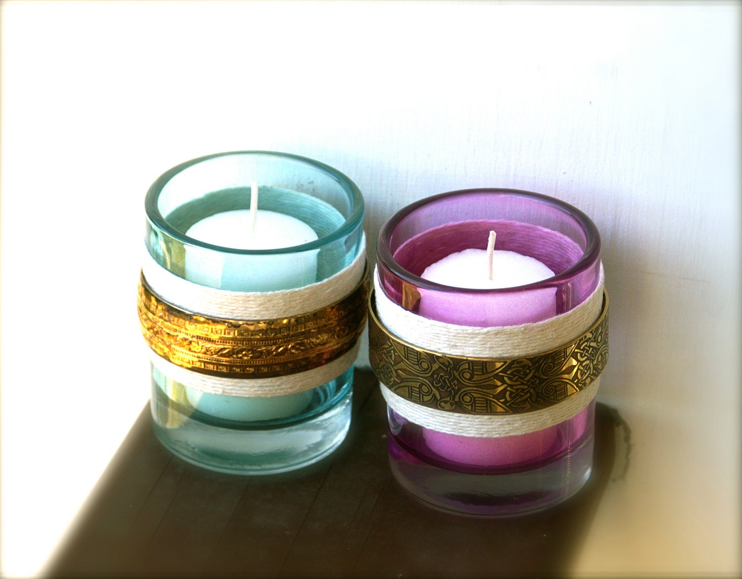 Glass Candle Holders Votive or Tea Light Turquoise and Magenta with Metal Accents