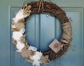 Burlap Grapevine Wreath - Burlap Roses, Pearls, and Ivory Lace - Rustic Wedding Decoration Wedding Wreath Alter Wreath