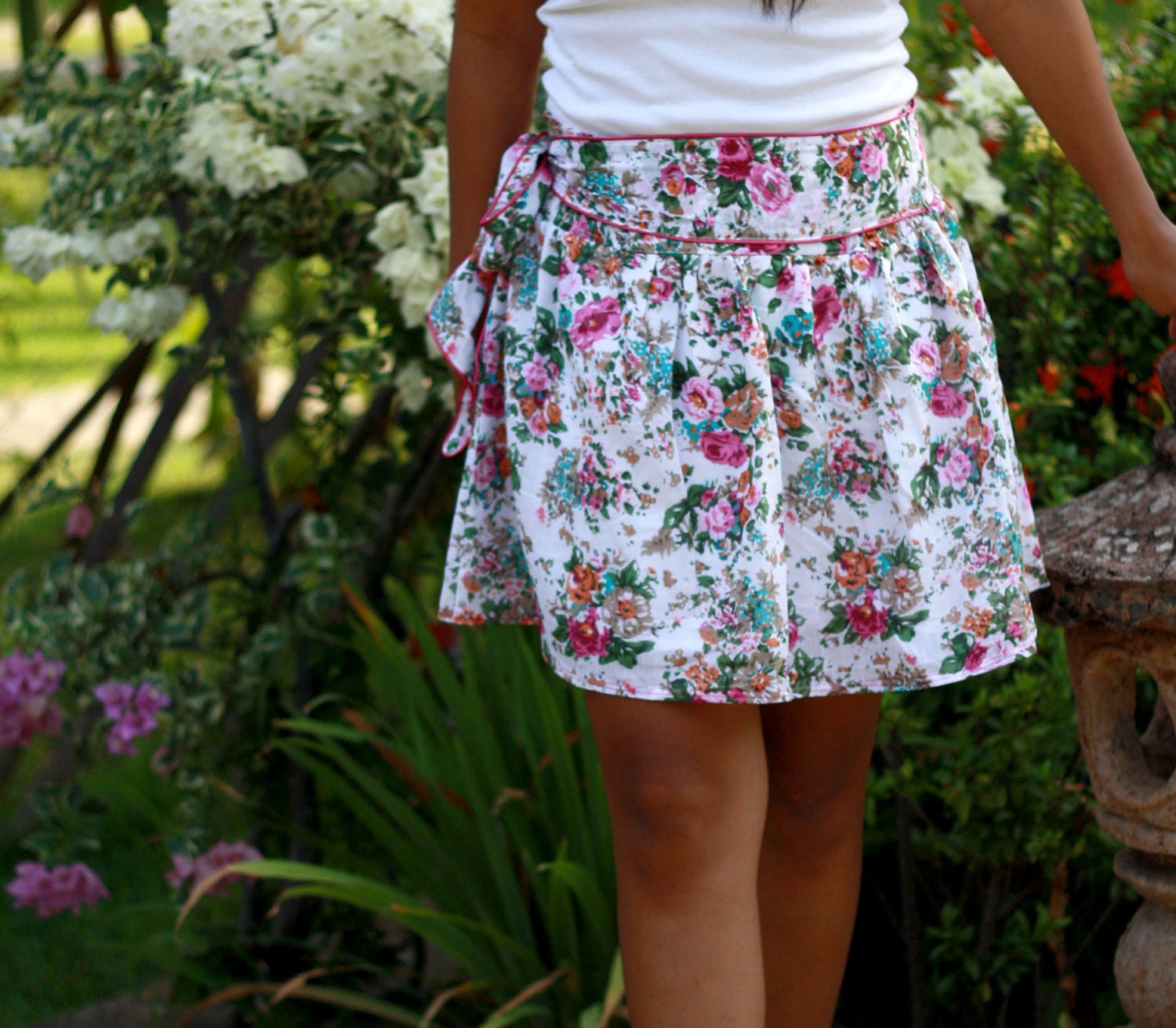 Pink Floral and White Mini Skirt with Sash - Summer Fashion