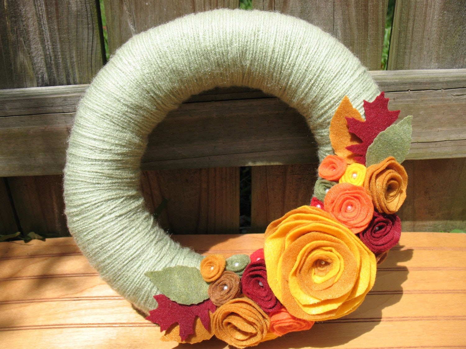 Fall Garden Wreath- Fall Wreath--Fall Decor-Autumn Decor-Thanksgiving Wreath-- Green Yarn and Felt Flower Pearl Wreath