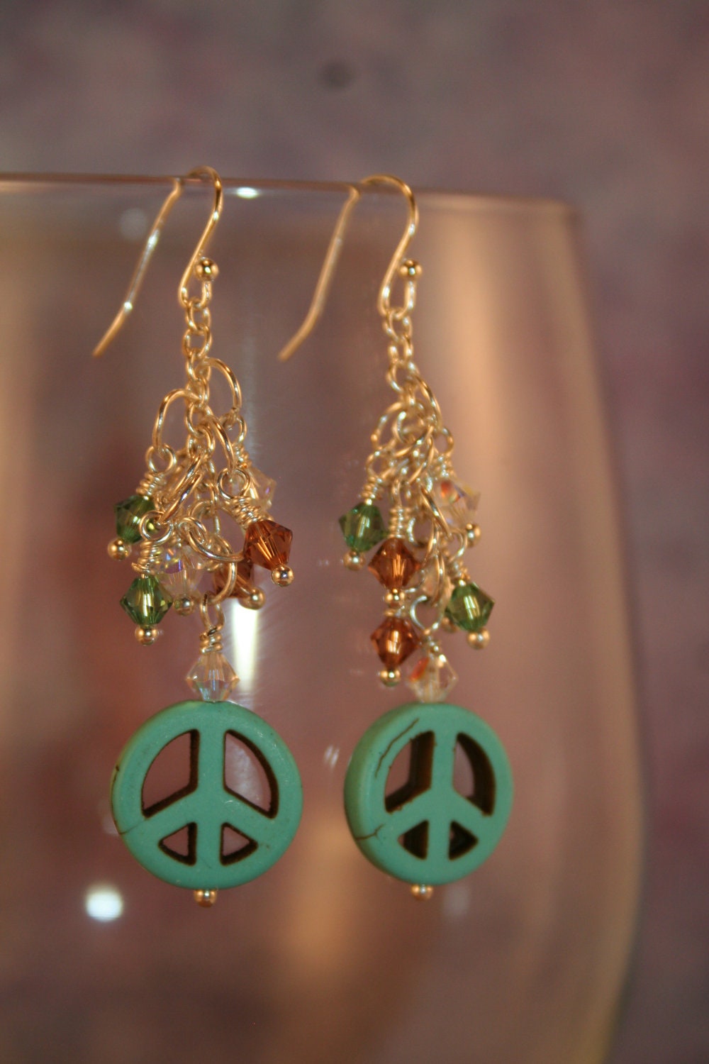 Turquoise Peace Sign Earrings with Silver Wire Wrapped Swarovski Crystals Chain Dangle Earrings