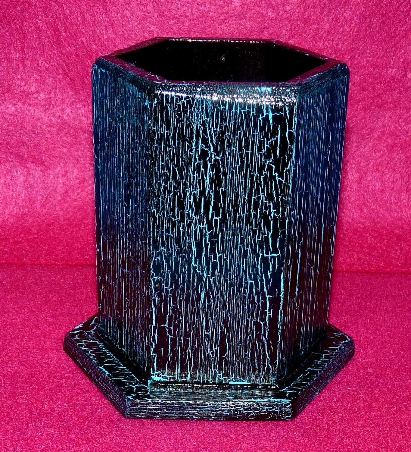 Pen Holder Wooden Desk Organizer Pencil Holder Wood Cup Painted Turquoise Black Distressed