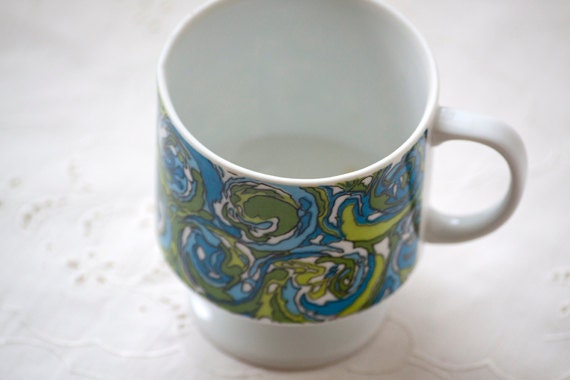 Vintage Mod Retro Pedestal Cup, Blue Green and White, Holt Howard 1967