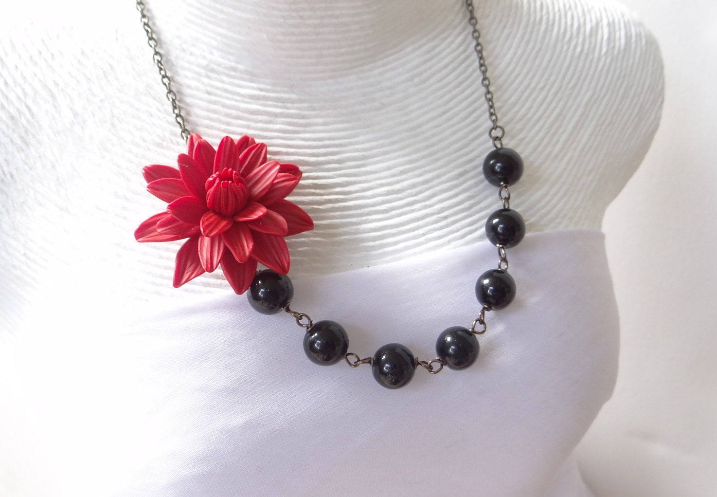 FREE EARRINGS, Red Dahlia Necklace, Red Flower Necklace, Red Bridesmaid Necklace, Statement Necklace.