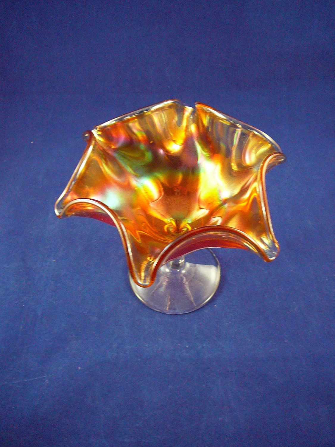 Iridescent Orange Carnival Glass Crimped Pedestal Compote/ Dish