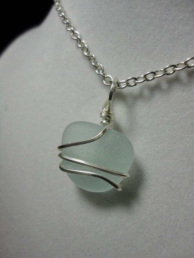 Wire wrapped pale blue sea glass necklace