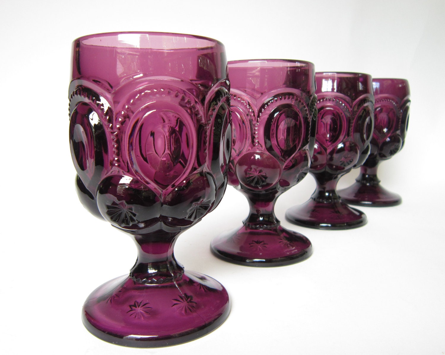 Set of 8 - Vintage Amethyst Moon & Stars Goblets, Footed Tumblers, Purple Water Glasses