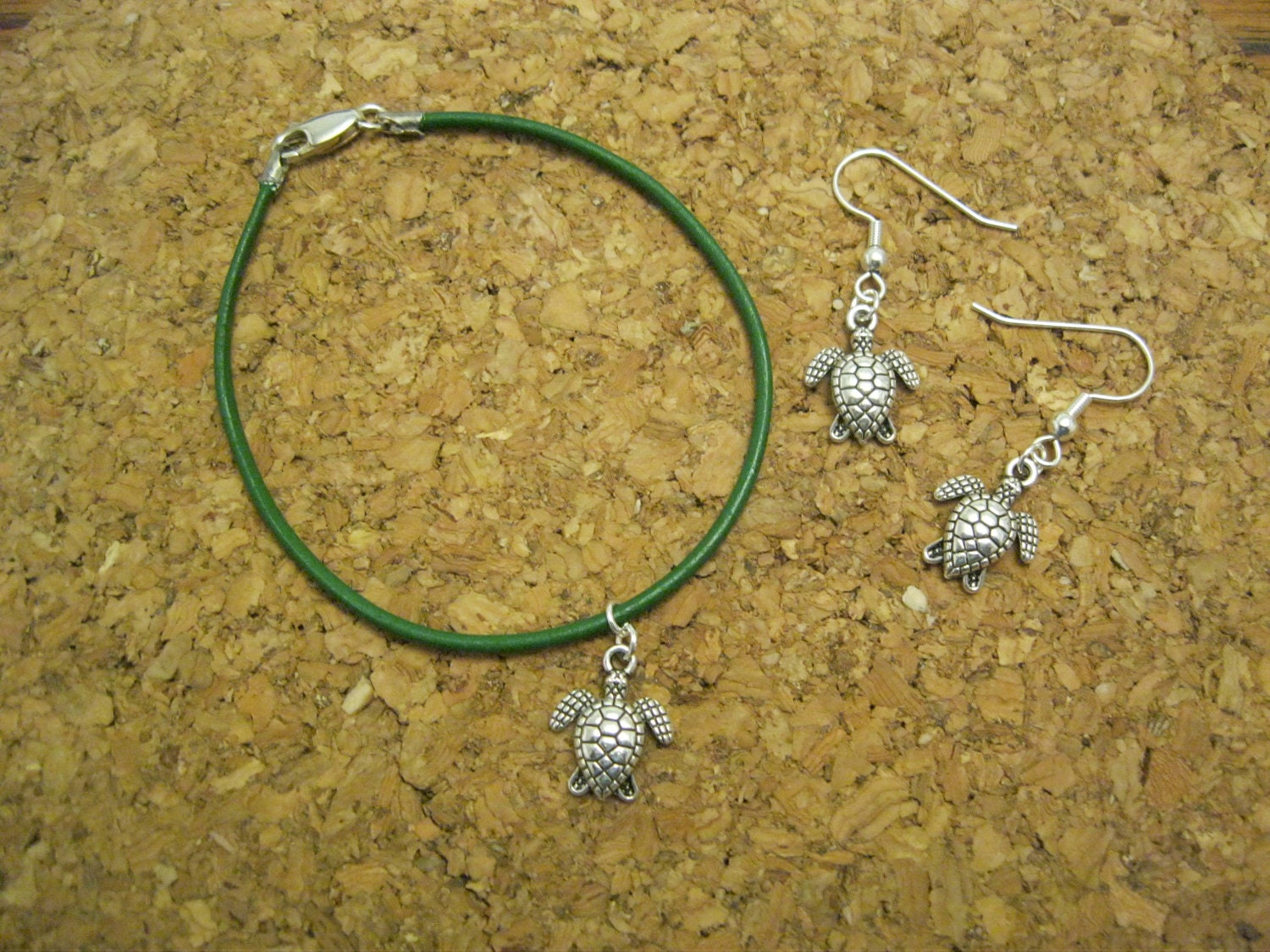 Sea Turtle Bracelet and Earring Set, Leather Sea Turtle Bracelet and Earring Set