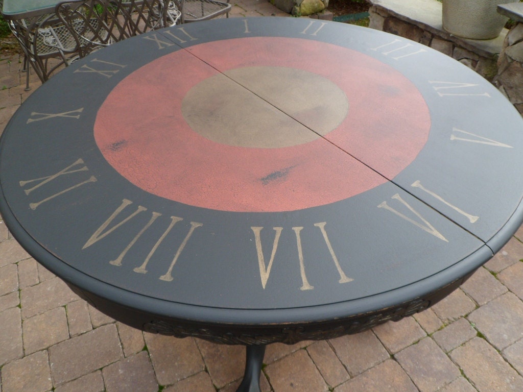 Breakfast Table Clock Face Hand Painted and Distressed  Red and Black and Gold