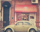 Vintage Urban Scene, car bug, Volkswagen, pretty cute, shop, pink, cream, beige pastel, home decor, vintage retro, romantic 8 x 8 - CarolineKollektart