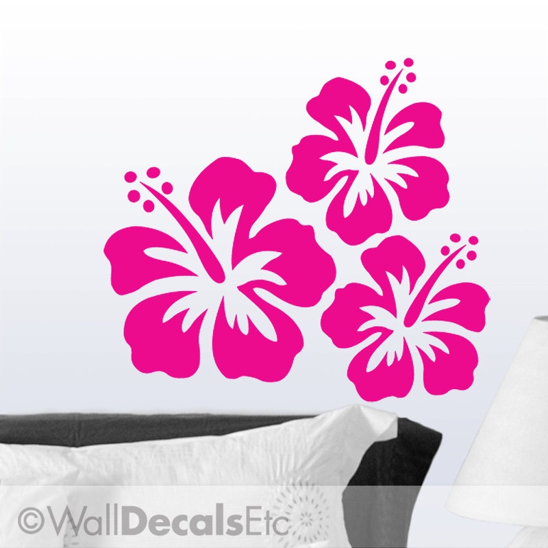 Vinyl Wall Decal Hawaiian Tropical Hibiscus Flowers, Set of 3, DIY Home Decor