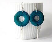 Chunky Round Teal Earrings Silver Spikes Aqua Blue Wood Open Circle Earrings