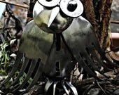 Wallace the Owl, repurposed silverware sculpture, welded metal art