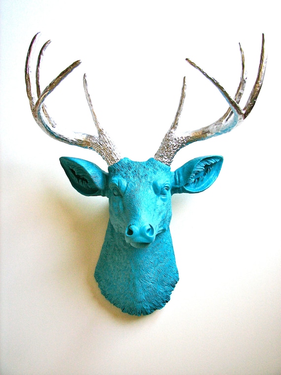 RESERVED 4 ROBIN Faux Taxidermy Deer Head wall mount in turquoise with silver antlers: Deerman the Deer Head