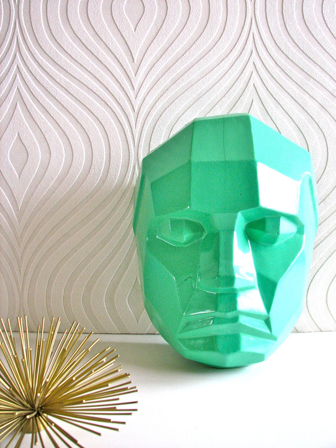 Modern Angular Face in bright mint green wall hanging