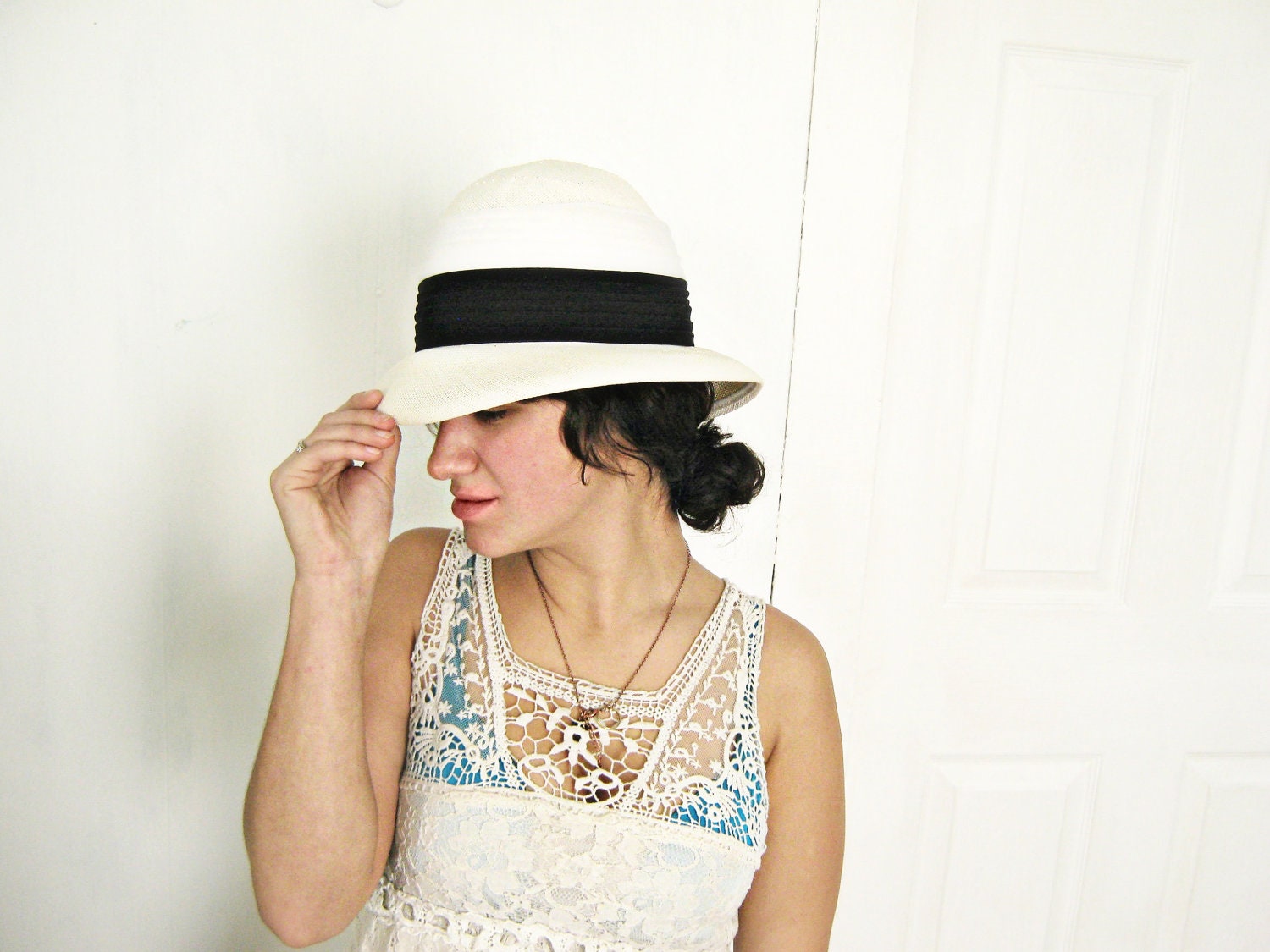 1960s Straw Hat / Boater Hat / Miss Bierner / Black and White / For Her