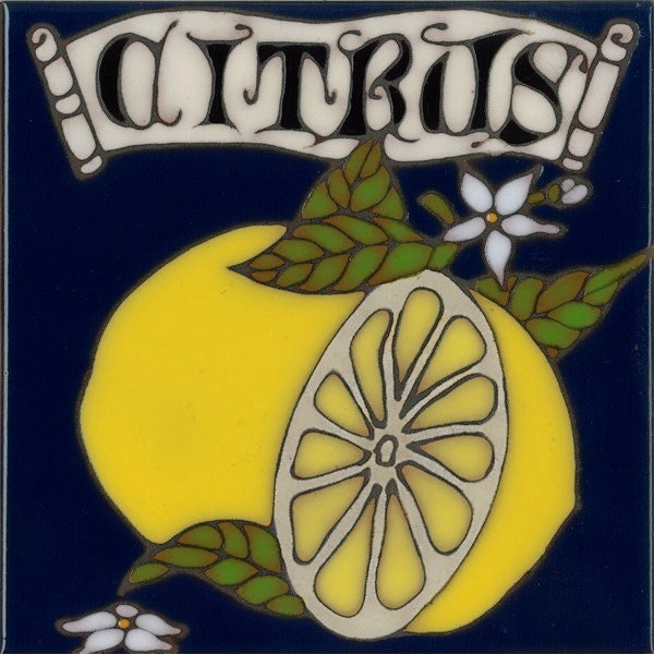 Hand Painted Ceramic Tile Lemon Citrus Original by PacificBlueTile