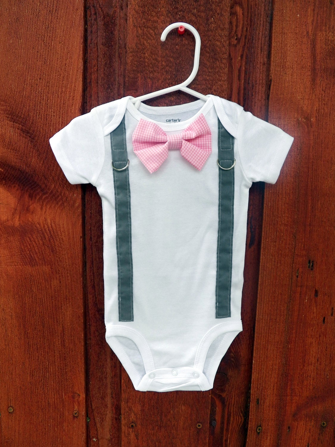 Baby Boy Bowtie & Suspender Onesie or shirt - Pick Your Own Bowtie and Suspenders - Gingham - Pink and Grey