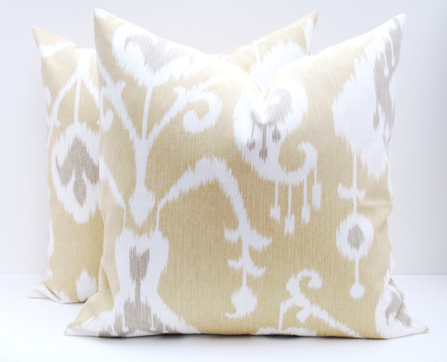 Ikat Pillows.Yellow Gray Pillow.Tan.16x16inch.Decorator Pillow Covers.Set of TWO.Spots.Housewares.home Decor.Printed Fabric both sides