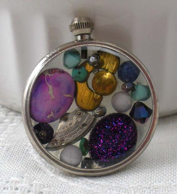Clear resin collage pendant, elegant, fun, steampunk style