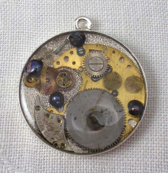 Resin collage pendant, elegant, fun, steampunk style