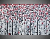120 x 60 Abstract Acrylic Painting on Large Canvas Birch Trees Forest Landscape Textured Black White Grey Red 3D Art Deco Made to Order