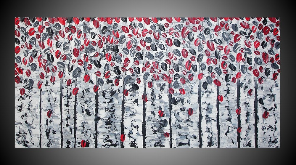 120 x 60 Abstract Acrylic Painting on Large Canvas Birch Trees Forest Landscape Textured Black White Grey Red 3D Art Deco Made to Order