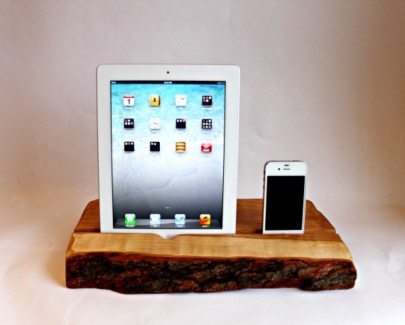 iPhone and iPad docking station, reclaimed black cherry wood with live edge, perfect gift, we will customize it for you