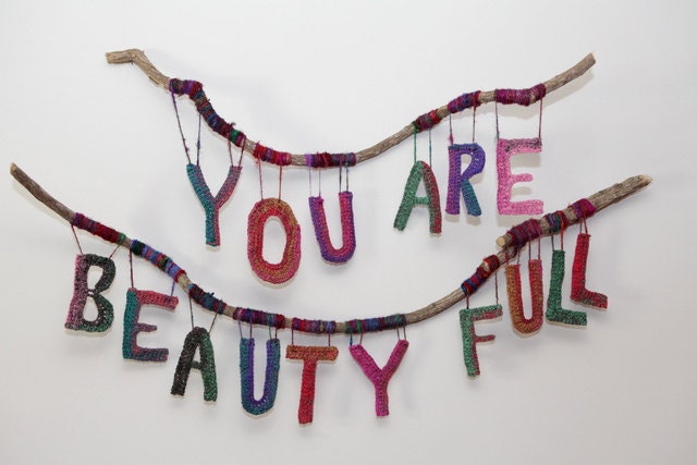 Wall Hanging Art With a Beauty Full  Message. Yarn Wrapped Twigs. Textile Art. Decorative crochet