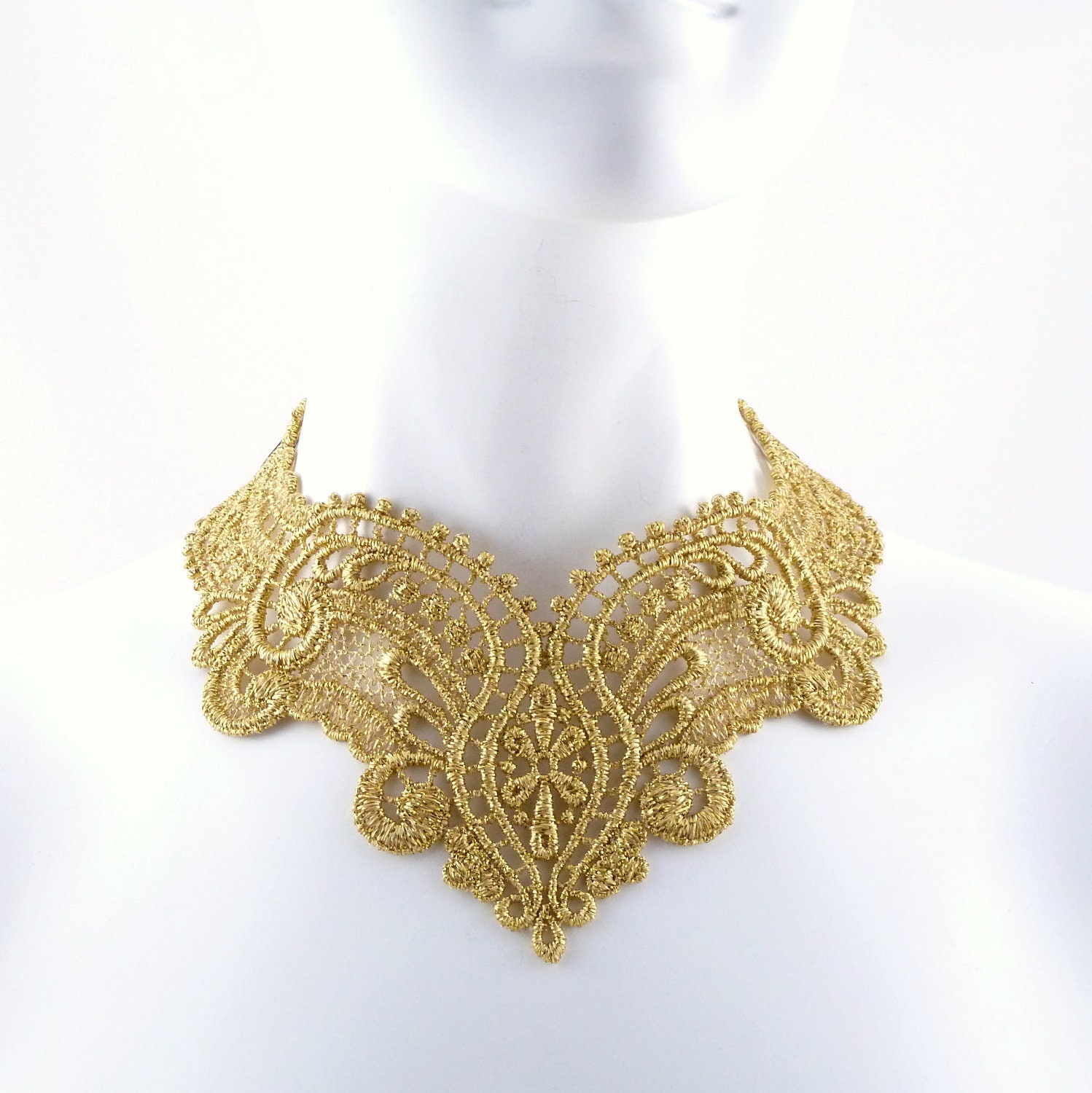 Gold Lace Necklace Choker - Statement Bib -  Renaissance Queen - Women Holidays Jewelry in Victorian pattern