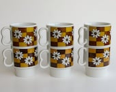 Retro Daisy Mugs, Set of 6, Made in Japan, Brown and Gold