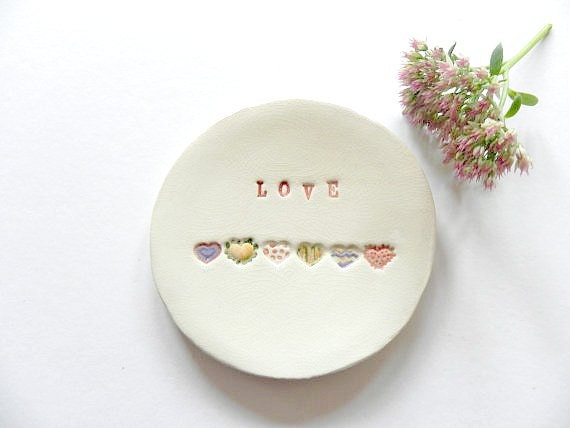 Love Ceramic Jewelry Dish White Pottery Rainbow Hearts Colorful Ring Dish - Ceraminic