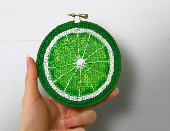 Lime Kitchen Wall Art, Painted Burlap, Embroidery Hoop Art, Fabric Wall Art, Hand Sewn Textile Art, Mixed Media Painting, Fiber Art