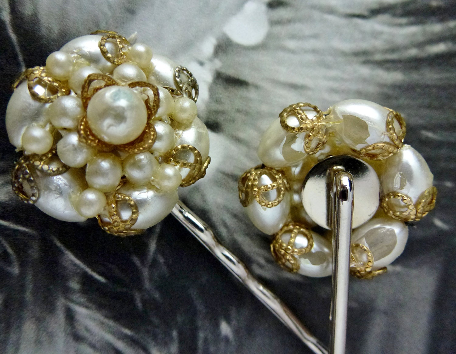 Romantic Winter Bridal Pearl Filigree Hair Pins, Vintage Recycled
