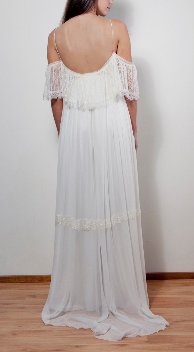 Stunning low lace back wedding dress with silk chiffon body perfect for beach or garden vintage bohemian wedding