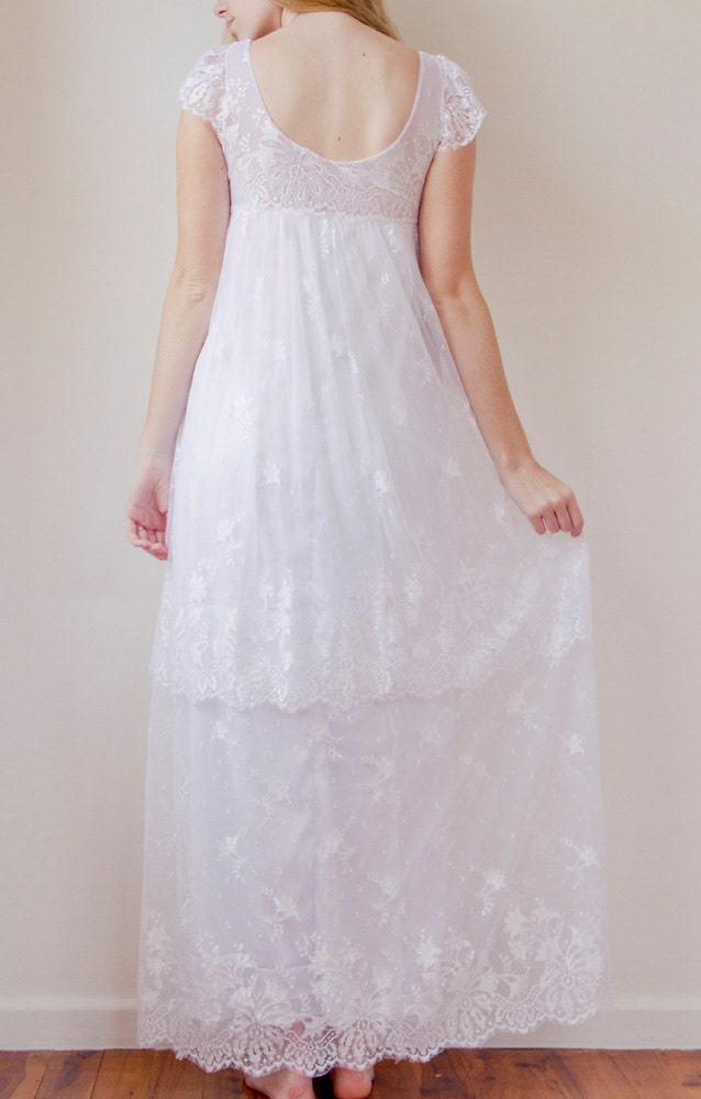 Capped sleeve white lave wedding dress