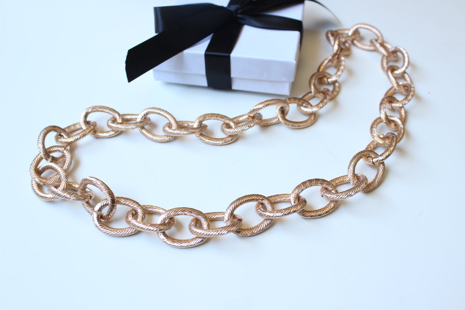 Long Rose Gold Textured Chain Necklace