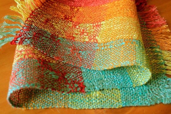RESERVED for Augiejen: Handwoven linen red orange yellow and green table runner