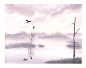 Original Watercolor Painting, Sunrise Landscape, Peaceful Wetland Painting, Nature Fine Art, Calm Water Art, Lavender, Watercolor 8" X 10"