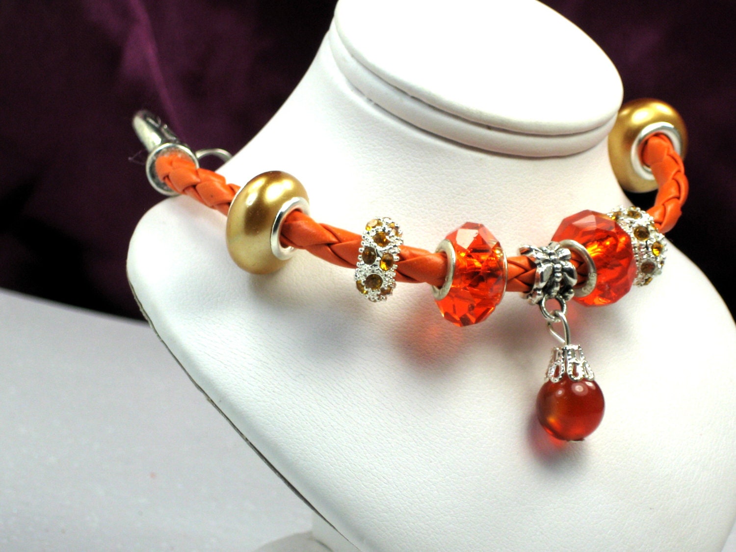 Orange Crystal Bracelet Orange Cats Eye Charm Bracelet Orange Faceted Beads Orange Leather Orange Faceted Beads Orange Cats Eye Charm