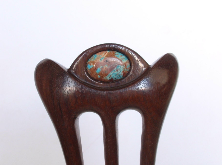Wooden hair fork, 3 prong, Hair sticks, Wood, Teak, Blue agate, Hairpin, Handmade, Gemstone