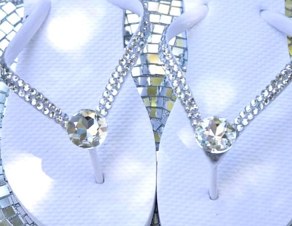 Spring BLING- White Crystal Flip Flops With Giant Rhinestone Center