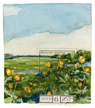 Original Framed Art: USSR Wildflowers Postage Stamp Painting