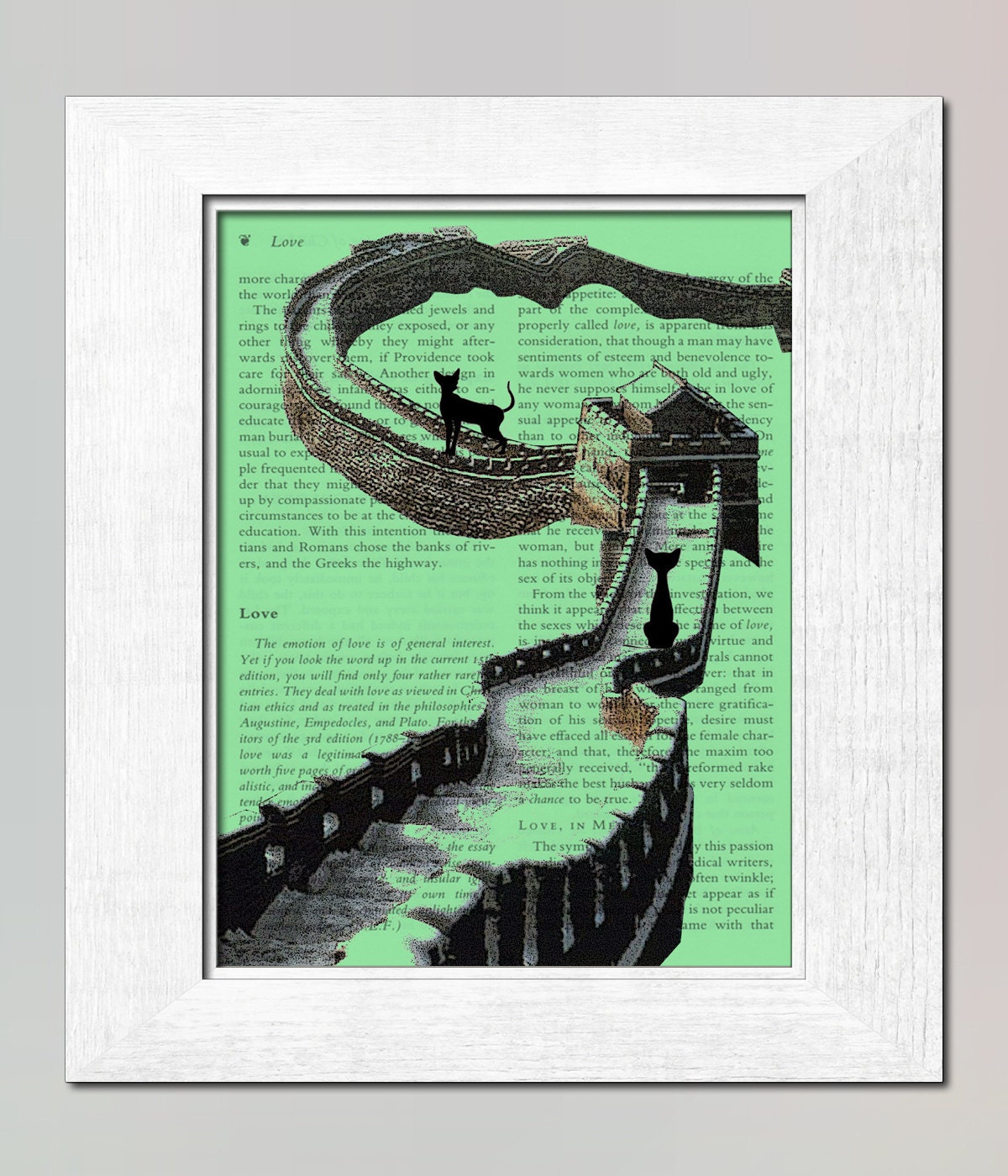 Cat and Cat on the Great Wall Print on salvaged page book art print from original linocut design