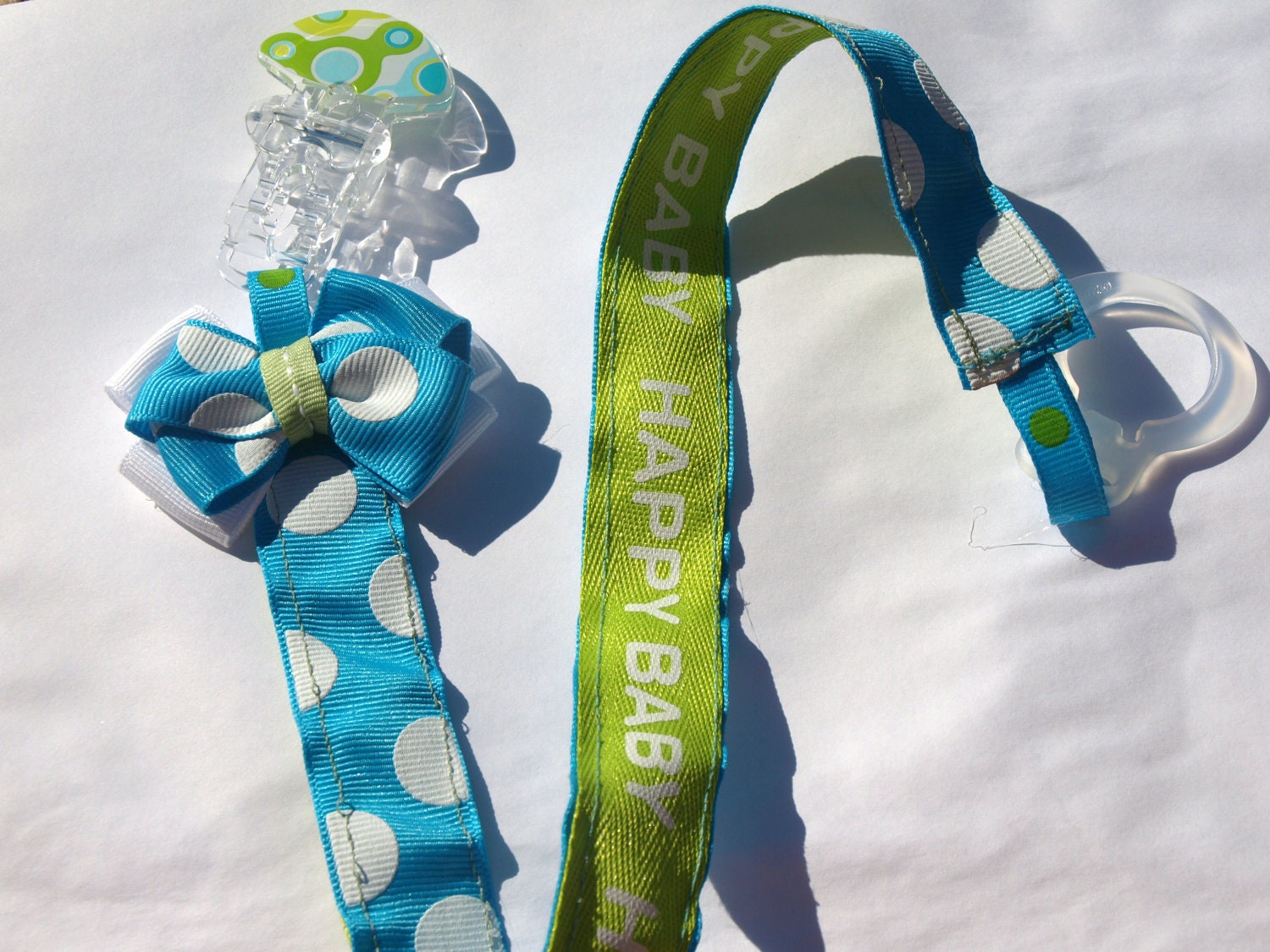 teal and green pacifier clip- binky holder- baby needs