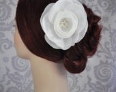 White Bridal Hair Flower Clip - White Silk flower with Rhinestone and Pearl Center, white, Ivory, Black Hair Accessories