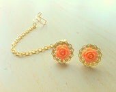 Gold cameo setting coral rose studs with gold chain and ear cuff