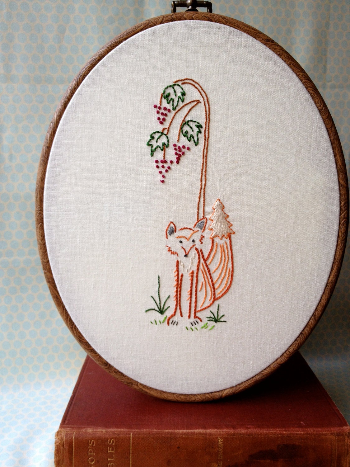 The Fox and the Grapes - PDF Embroidery Pattern - Aesop's Fables - Includes Color and Stitch Guide
