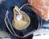 handsewn yellow buckskin and rose quartz medicine bag